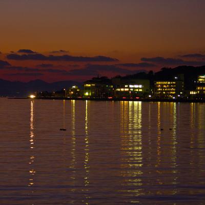 The Matsue lakefront at night.