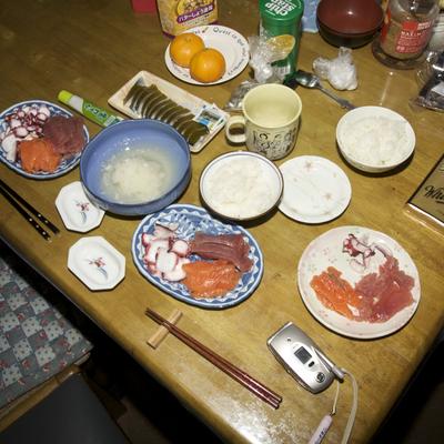 Sashimi on the table ready to eat. いただきます!.